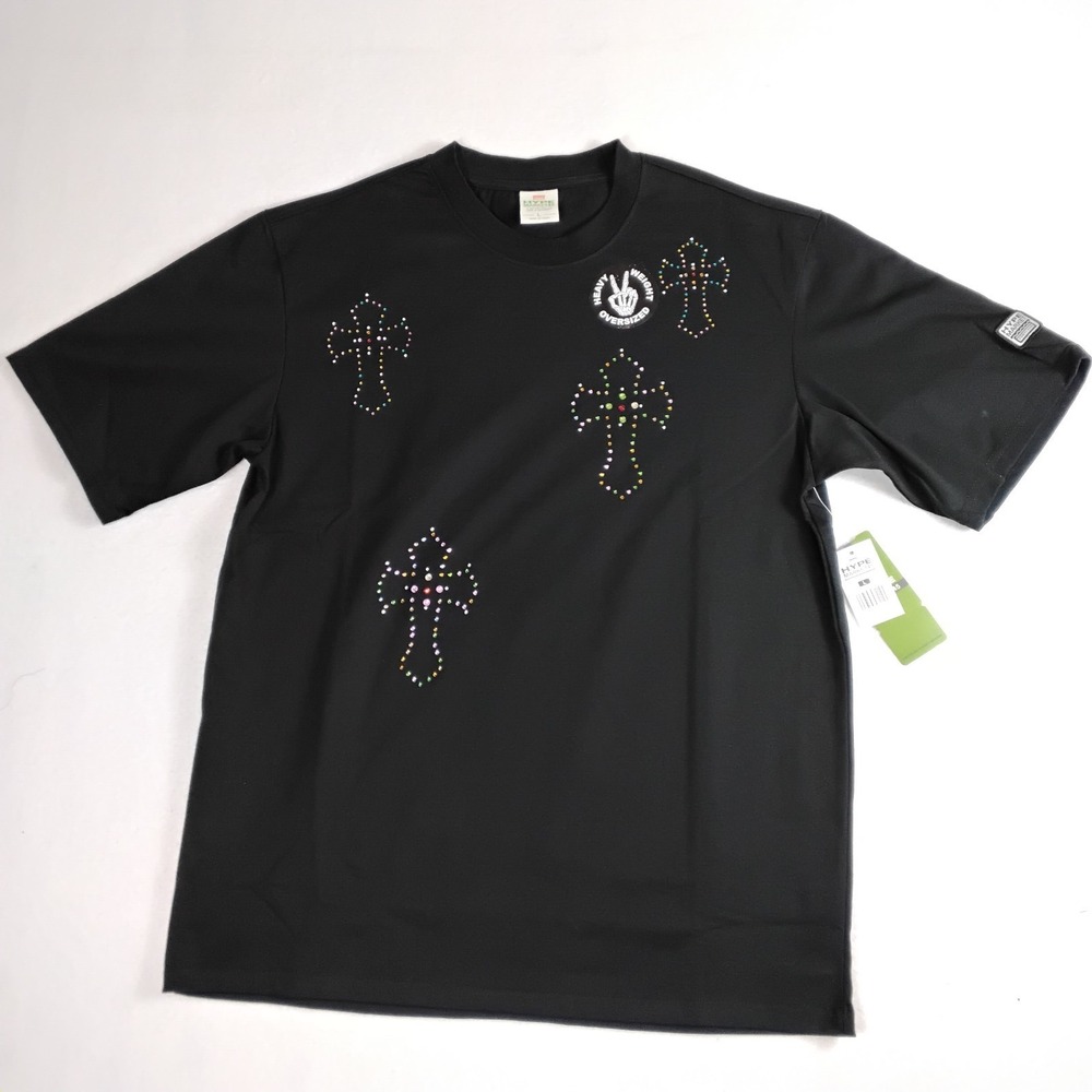 Hype Mens L Black Rhinestone Cross Heavyweight Oversized Graphic T Shirt NWT